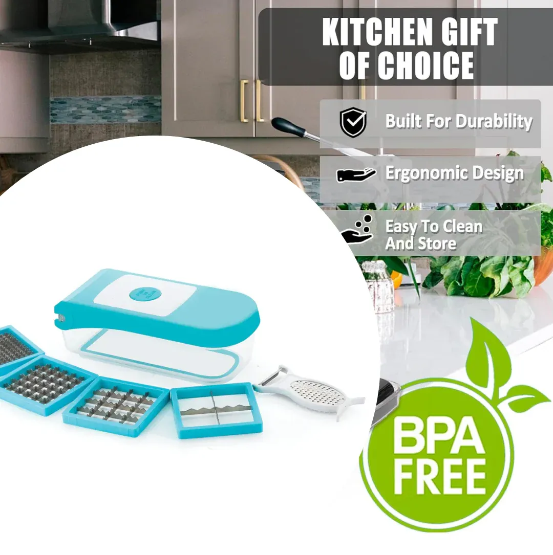 Ganesh 7-in-1 Blue Plastic Vegetable Dicer with Stainless Steel Blades - Detailed Feature View 1