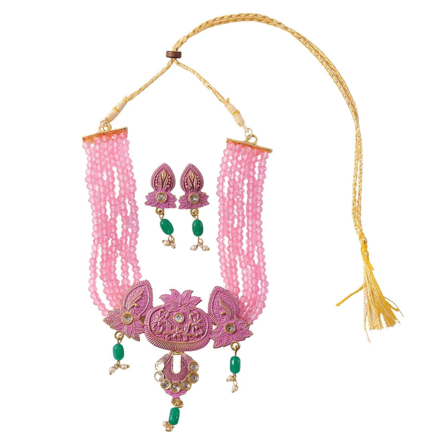 Pink Beaded Ethnic Necklace Set with Earrings - Adjustable Thread - Detailed Feature View 4