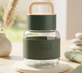 Glass Water Bottle – Stylish, Portable with Handle & Leather Sleeve