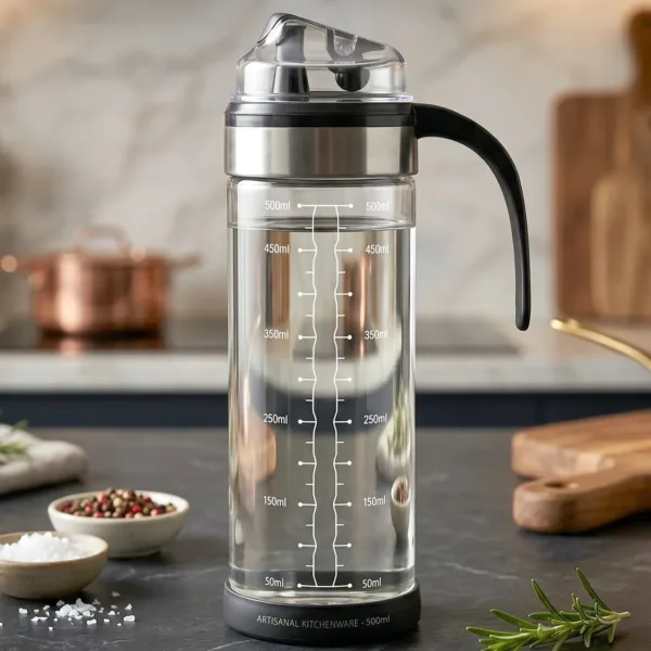 Glass Oil Dispenser Bottle – Leak-Proof, Auto Flip Lid & Handle