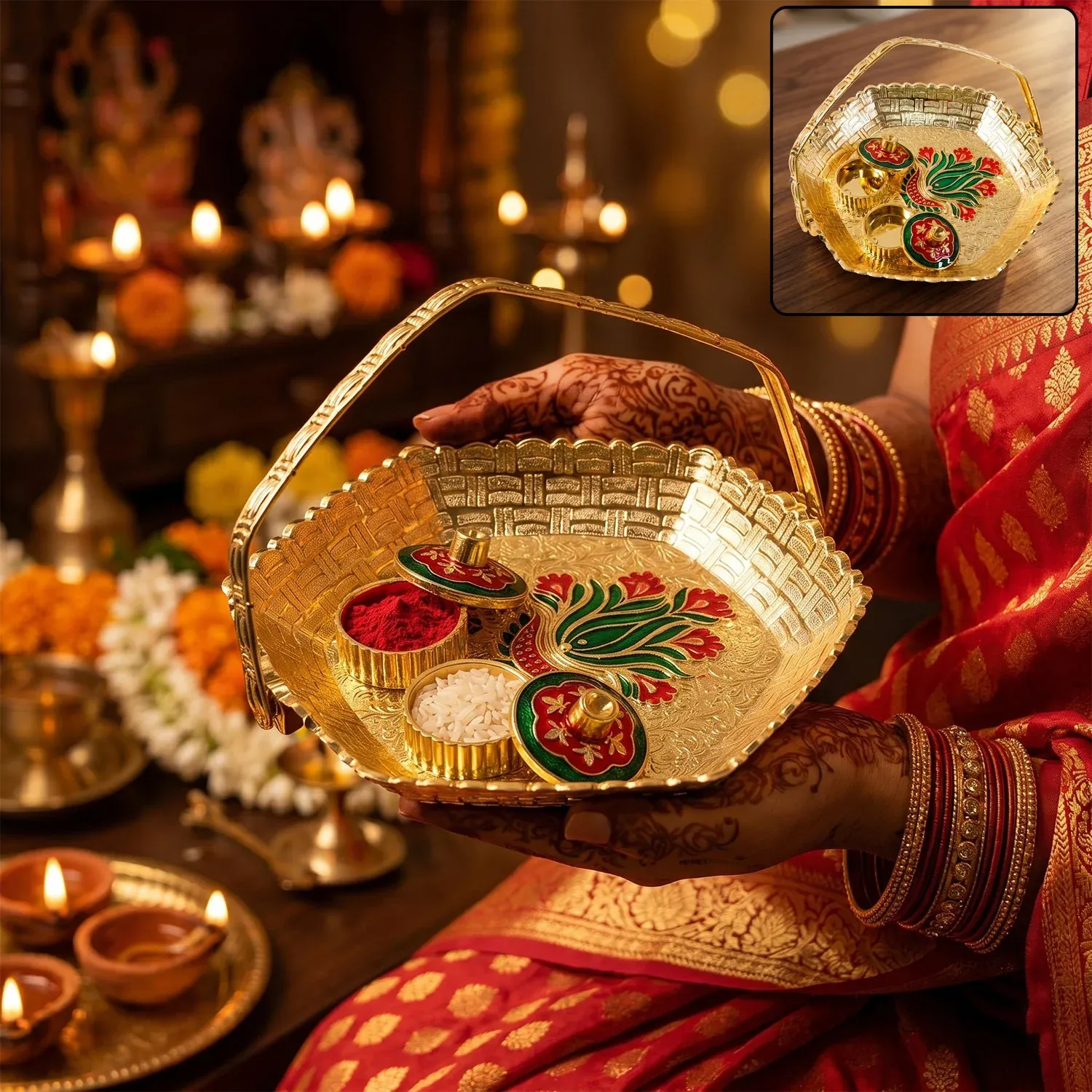 Premium Kumkum Kankavati Basket with Handle Golden Haldi Roli Chawal Pooja Set (1 Pc) - Buy Online at Alikart
