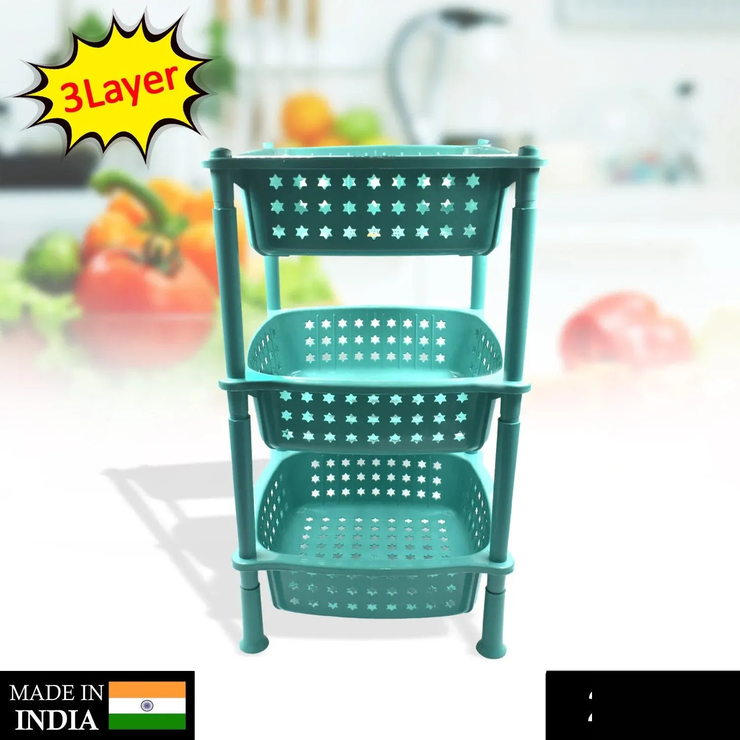 Kitchen Trolley Basket – 3 Layer Square Storage Rack | CookAura - Detailed Feature View 1