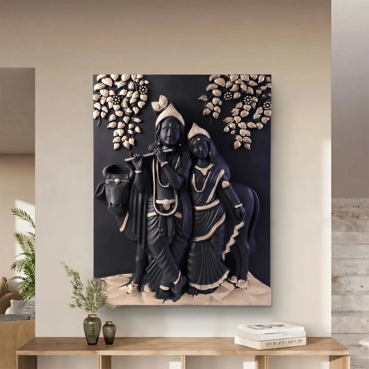 Radha Krishna 3D Wall Art Frame Black & Gold Spiritual Decor - Detailed Feature View 3