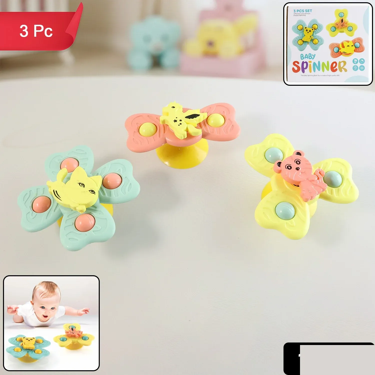 Buzzy Baby Spinner Toy Set – 3-Pc Suction Cup Spinning Toys - Detailed Feature View 1