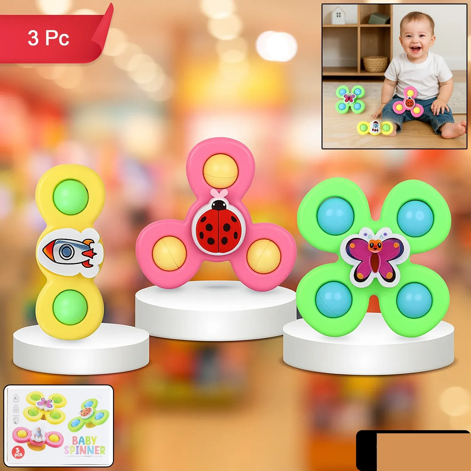 Premium Colour Baby Spinner Toy Set – 3 Pc Sensory Spin Toys with Suction Cup - Buy Online at Alikart
