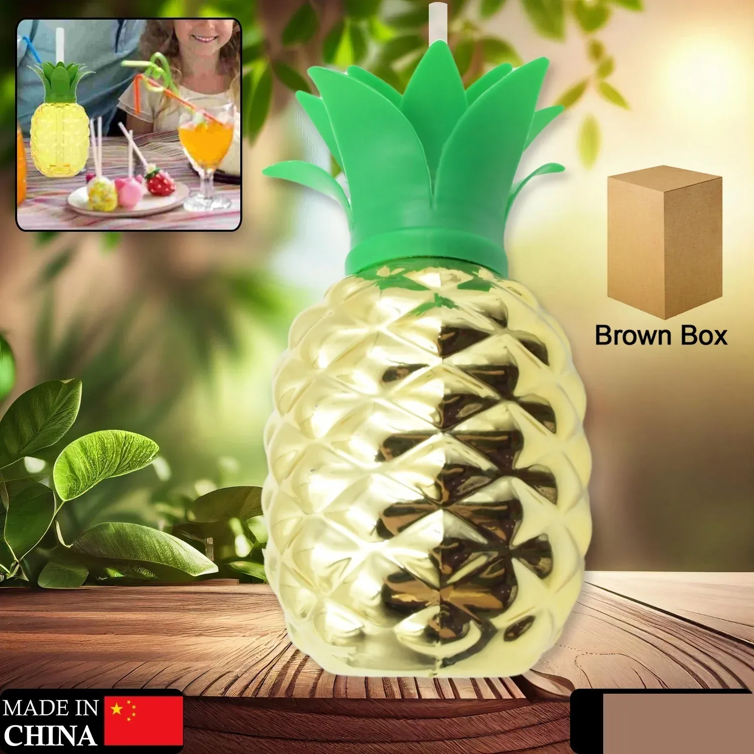 Plastic Pineapple Cup with Straw - 16.7 oz Tropical Party Favor - Detailed Feature View 1