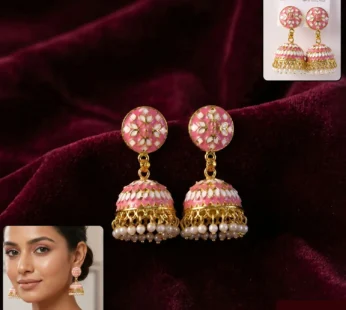 Festive Pink Round Stud Jhumka Earrings with Pearl Hanging