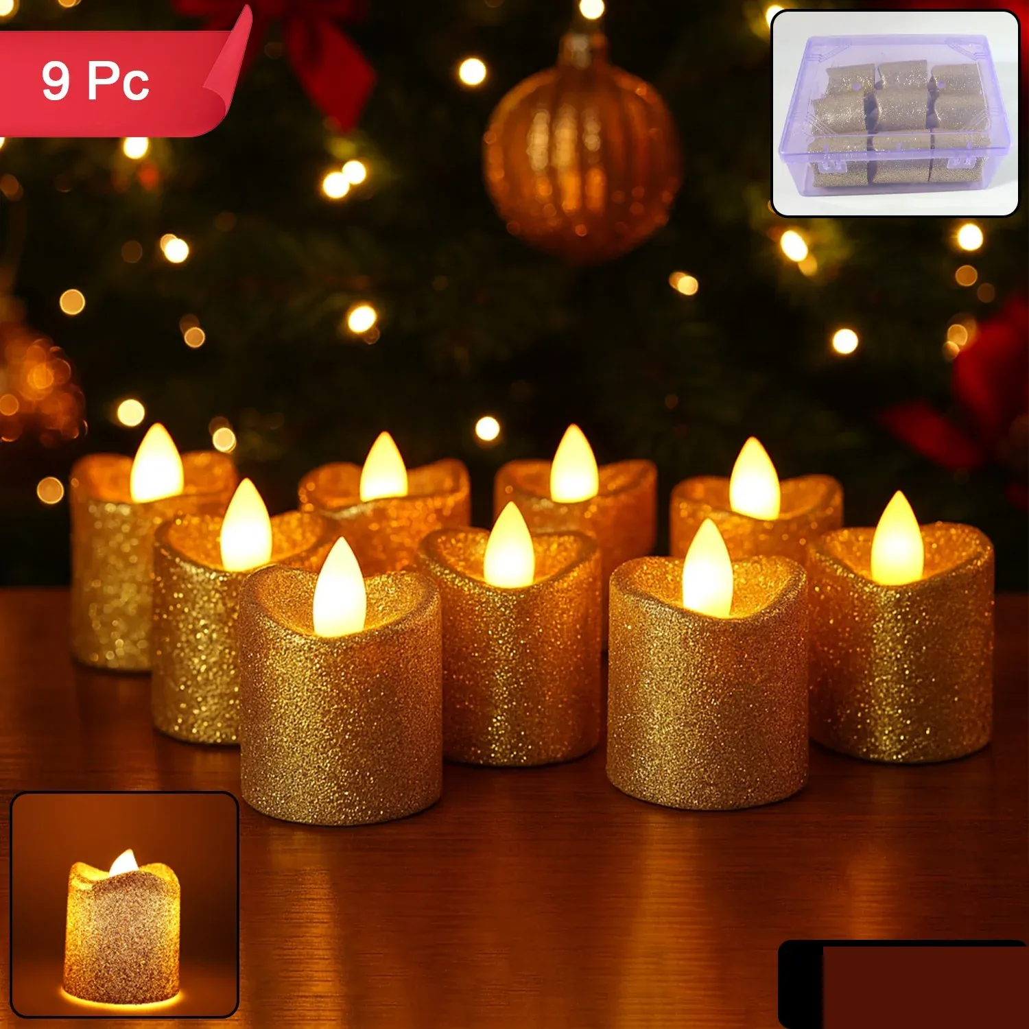 Christmas Premium Glitter LED Tealight Candles (9 Pc Set) - Detailed Feature View 1