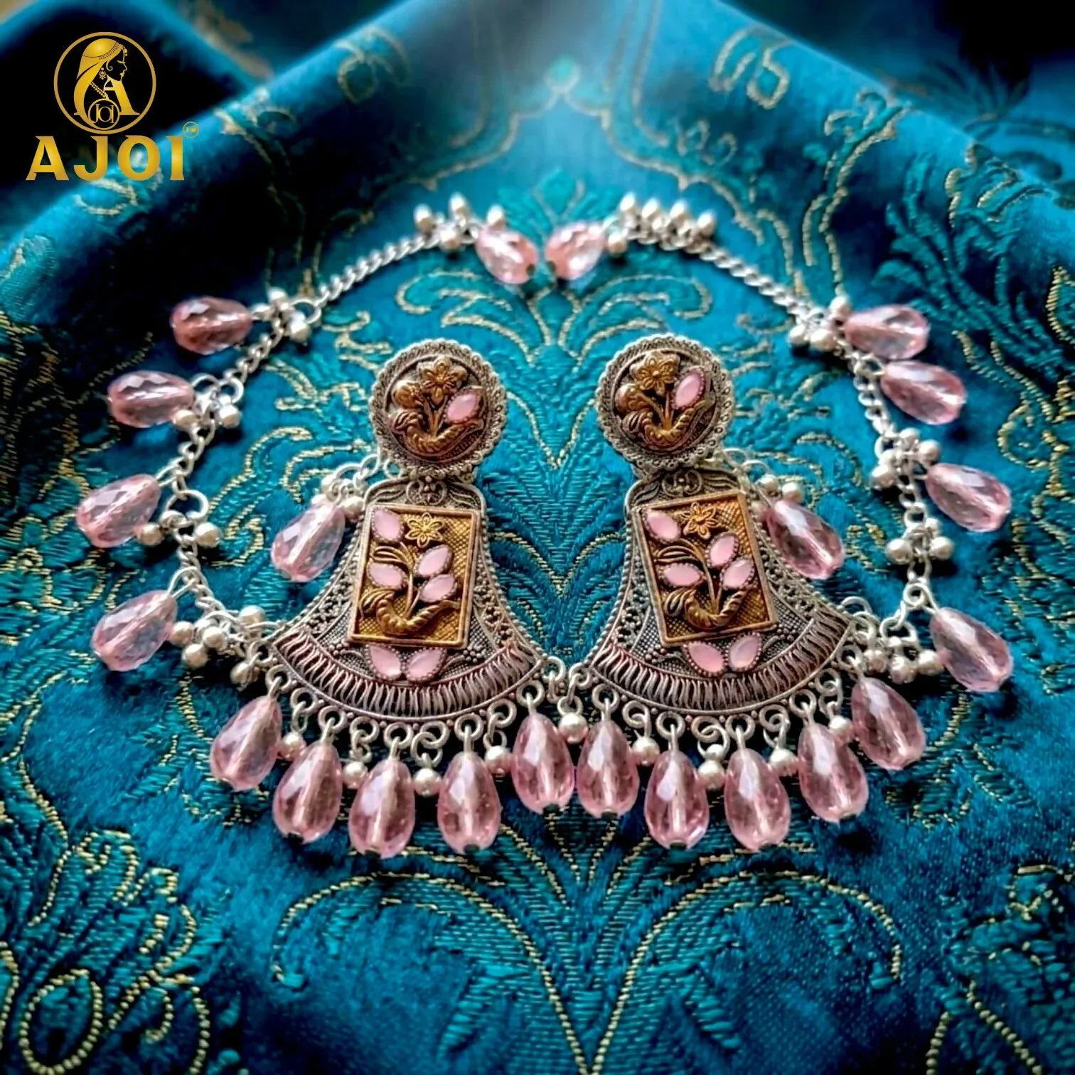 Antique Dual-Tone Oxidised Floral Drop Earrings with Pink Crystal Teardrop Danglers - Detailed Feature View 2