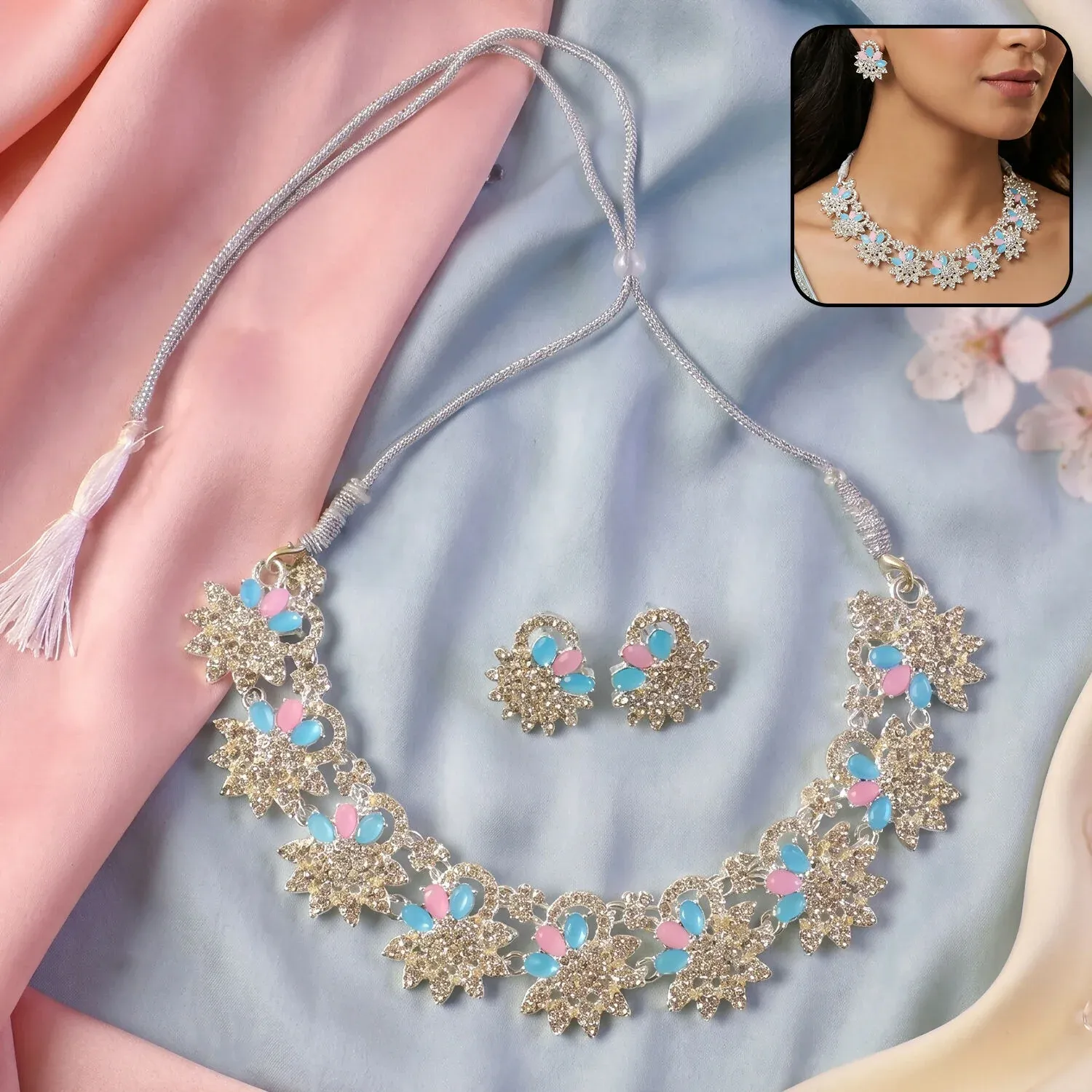 Premium Beautiful Blue and Pink Floral Necklace Set with Matching Earrings for Festive Events - Buy Online at Alikart