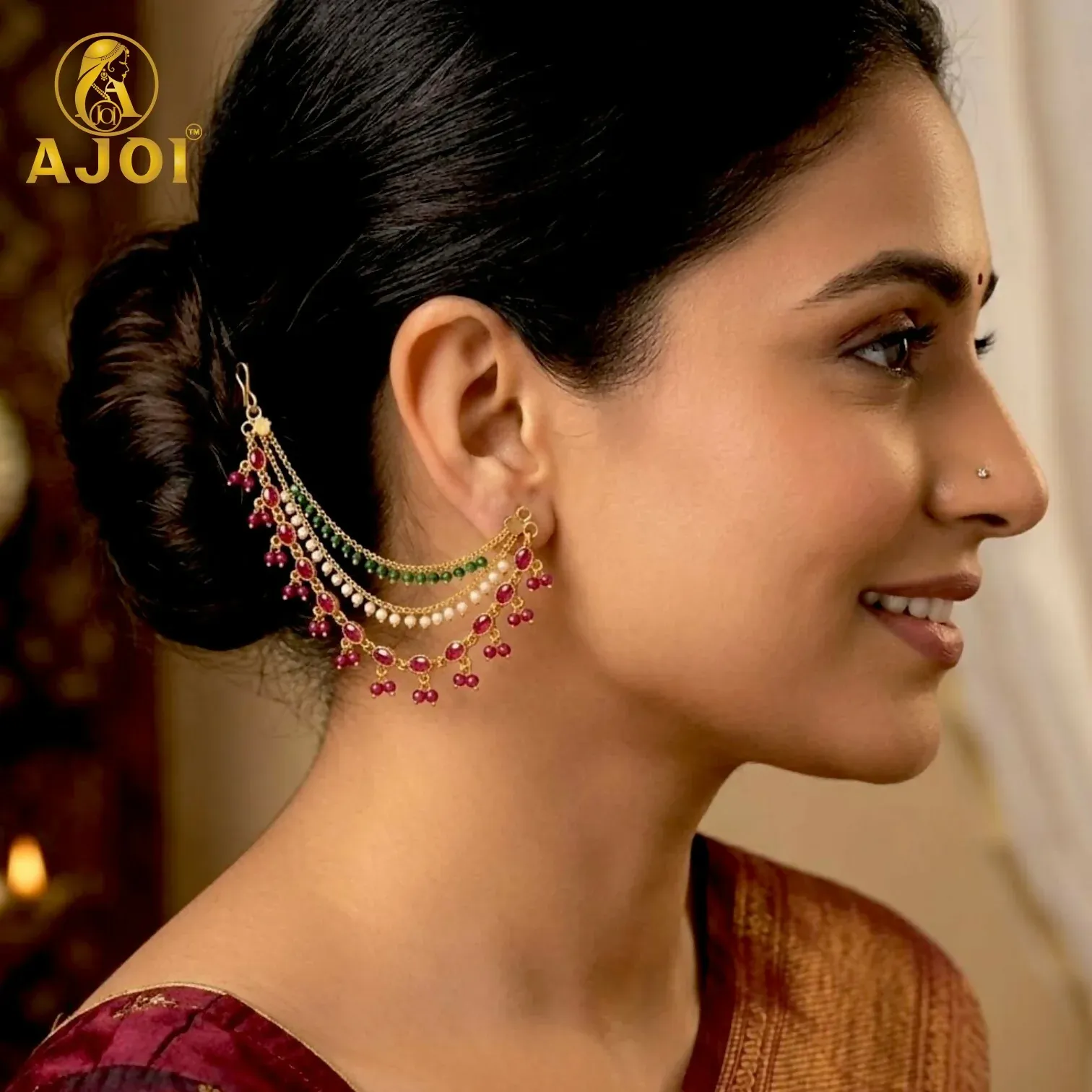 Traditional Gold-Tone Ruby, Emerald & Pearl Multi-Layer Chain Earrings - Detailed Feature View 1