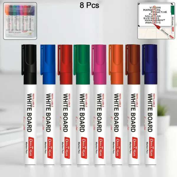 Whiteboard Marker Set – 8 Vibrant Refillable Colours