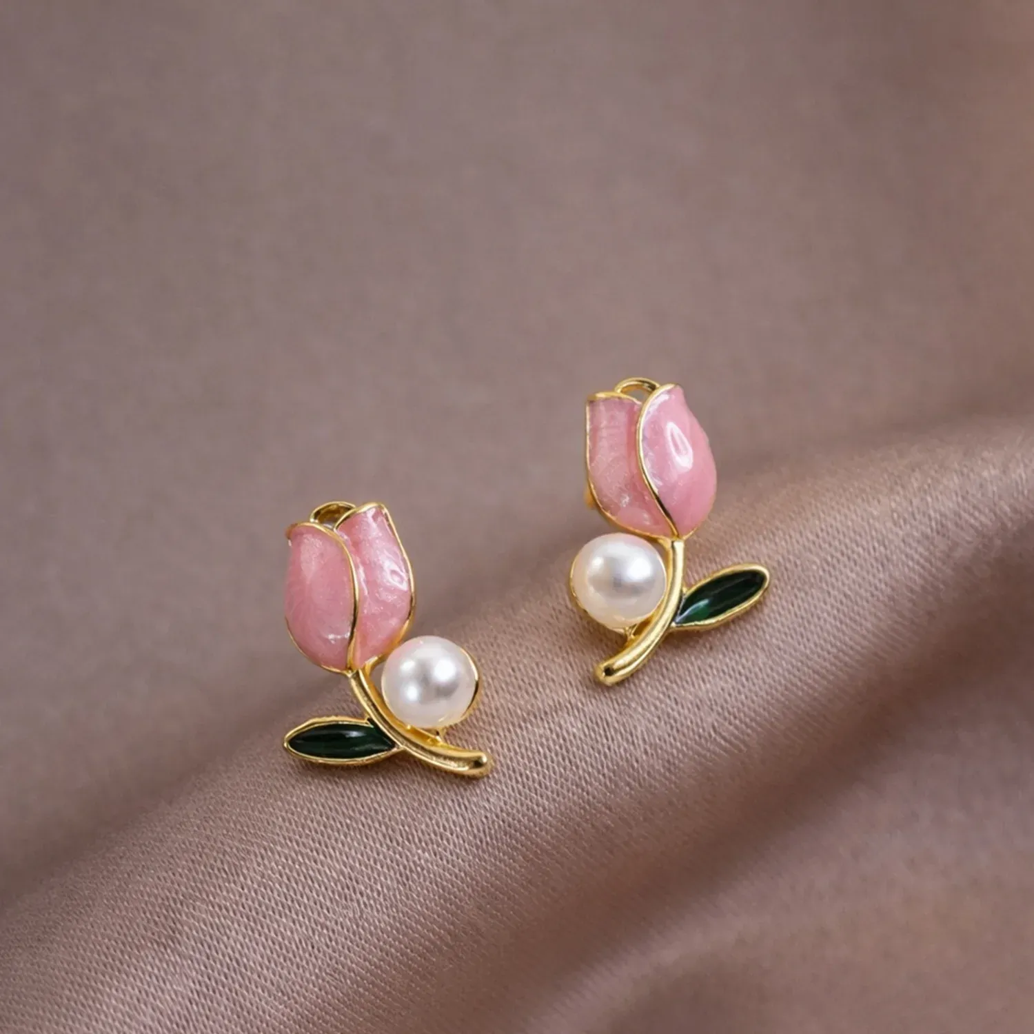 Pink Tulip Pearl Stud Earrings - Gold Plated Floral Jewelry for Women - Detailed Feature View 2