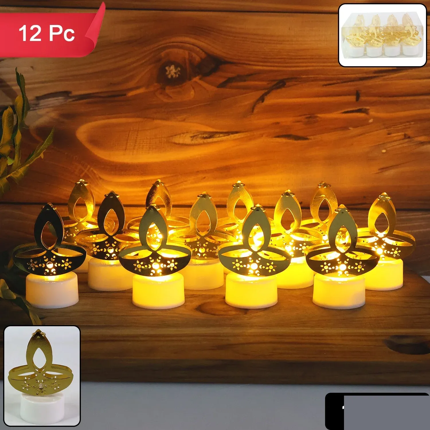 Golden Diya Shaped LED Tealight Candles - Set of 12 - Detailed Feature View 1