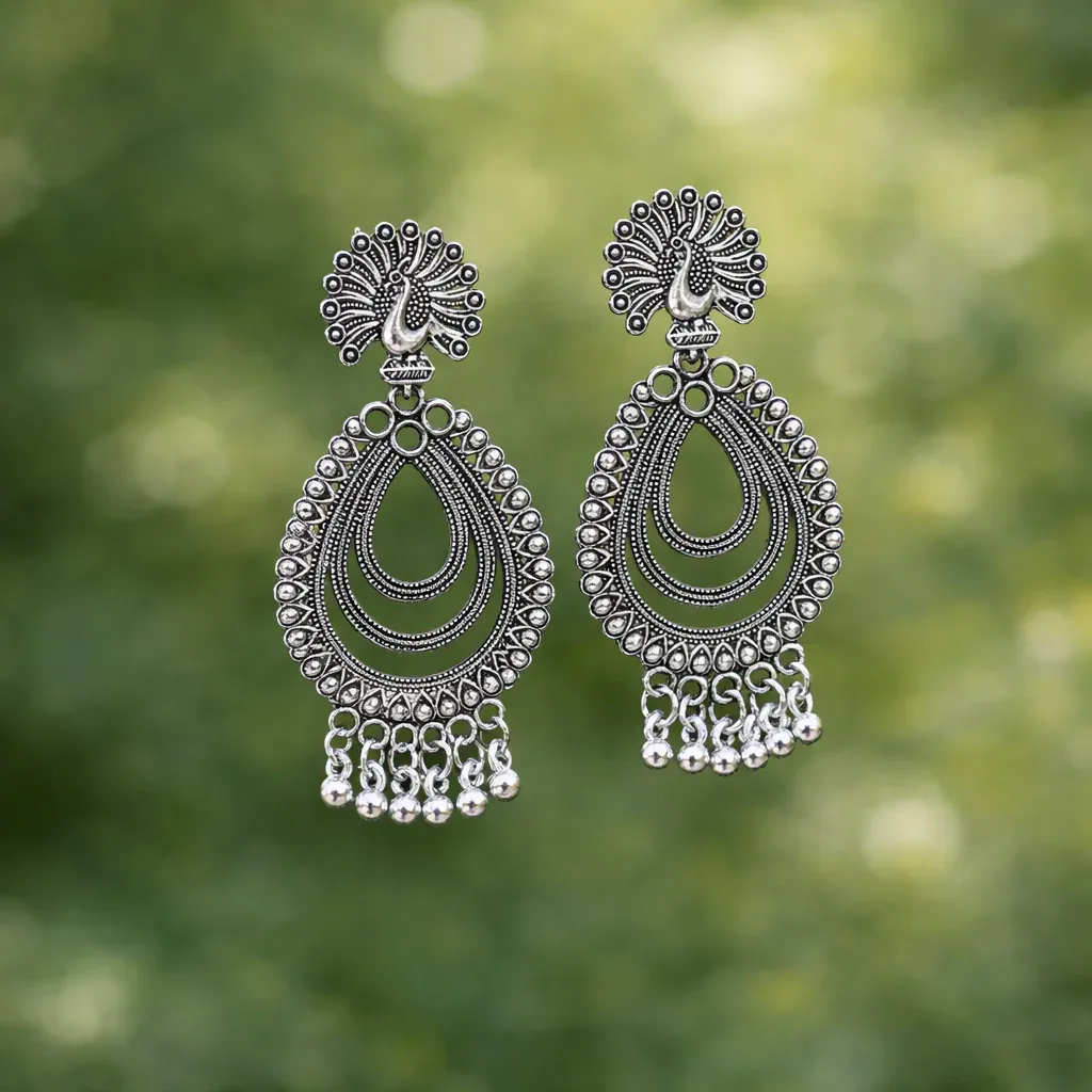 Elegant Peacock Silver Finish Jhumka Earrings for Festive Wear - Detailed Feature View 2
