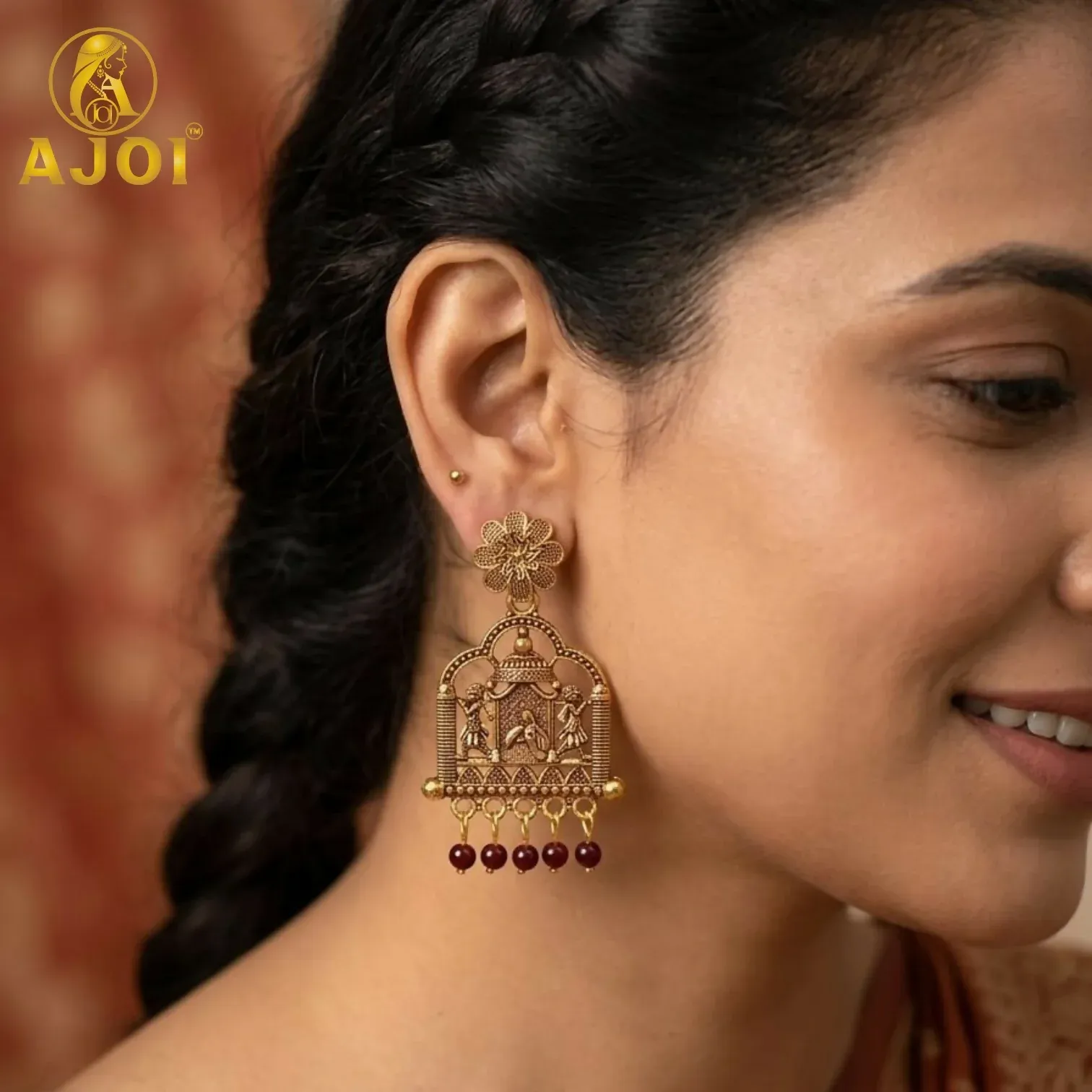 Antique Temple Doli Earrings with Maroon Pearl Drops - Detailed Feature View 1