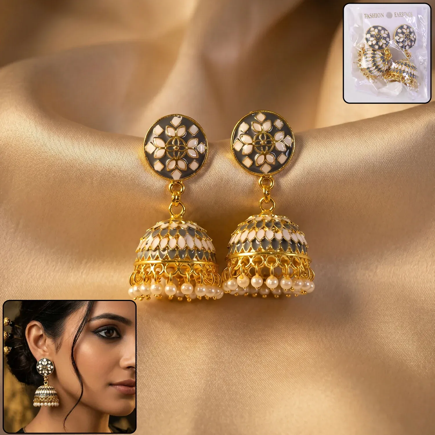 Premium Grey Layered Chandbali Earrings with Pearl Drops for Women - Buy Online at Alikart