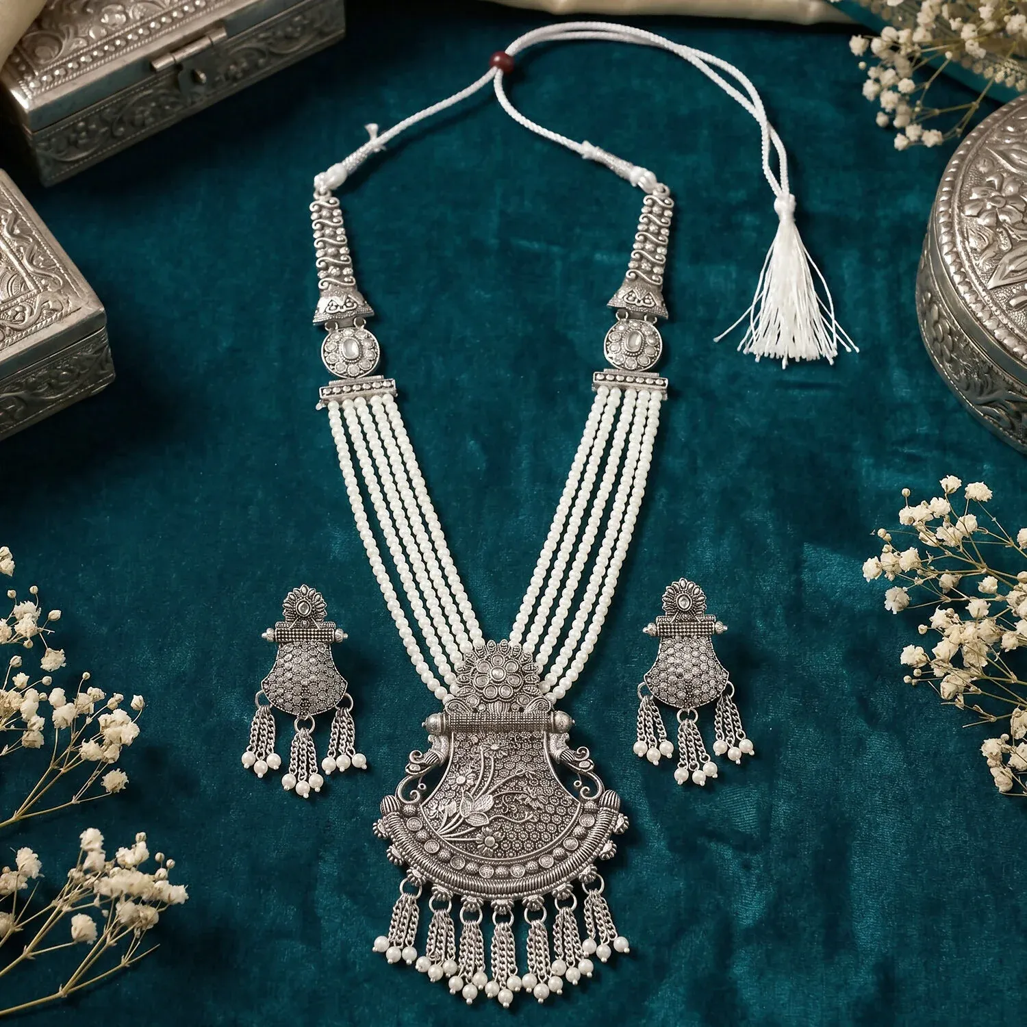Traditional Silver Necklace Set with Ornate Pendant and Earrings - Detailed Feature View 1