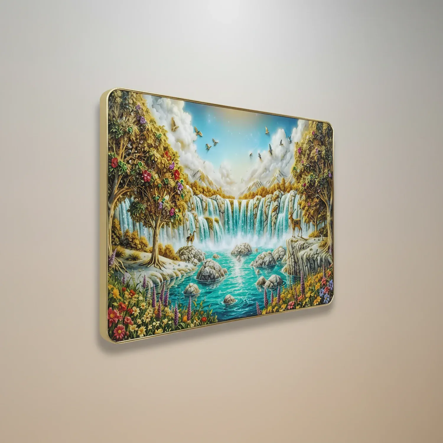 Premium 3D Waterfall Wall Décor with Golden Frame - Detailed Feature View 2