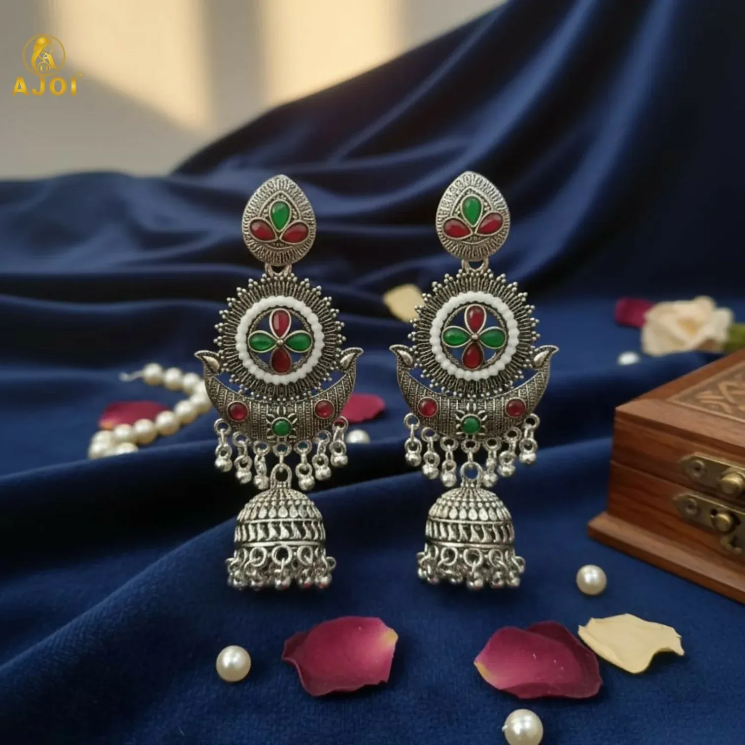 Multicolor Oxidized Silver Jhumka Earrings - Detailed Feature View 3