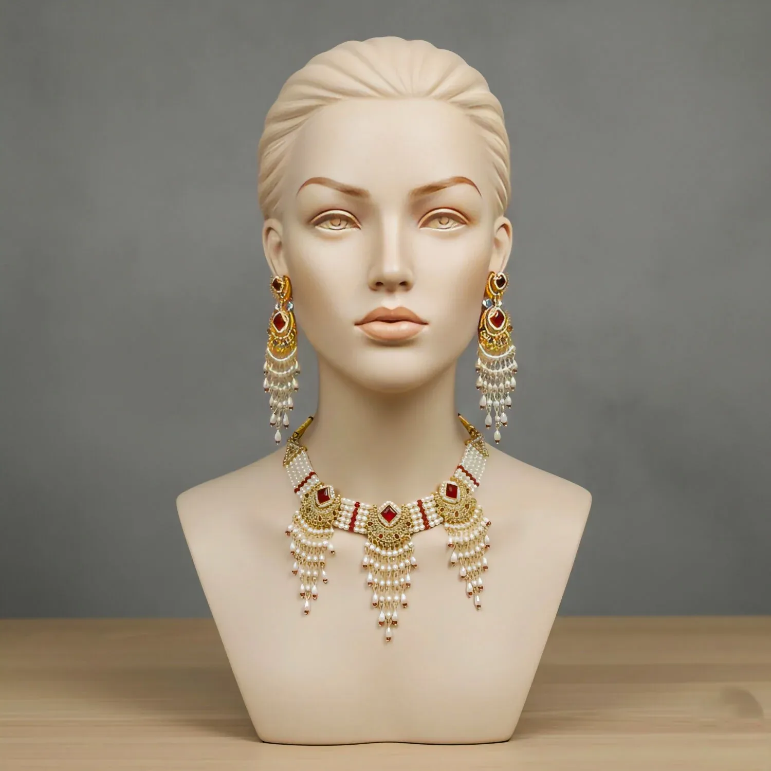 Radiant Ruby & Pearl Chandbali Choker Set with Matching Statement Earrings - Detailed Feature View 2