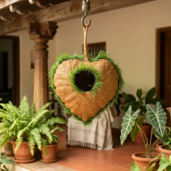Heart-Shaped Natural Coir Hanging Bird House for Garden & Balcony