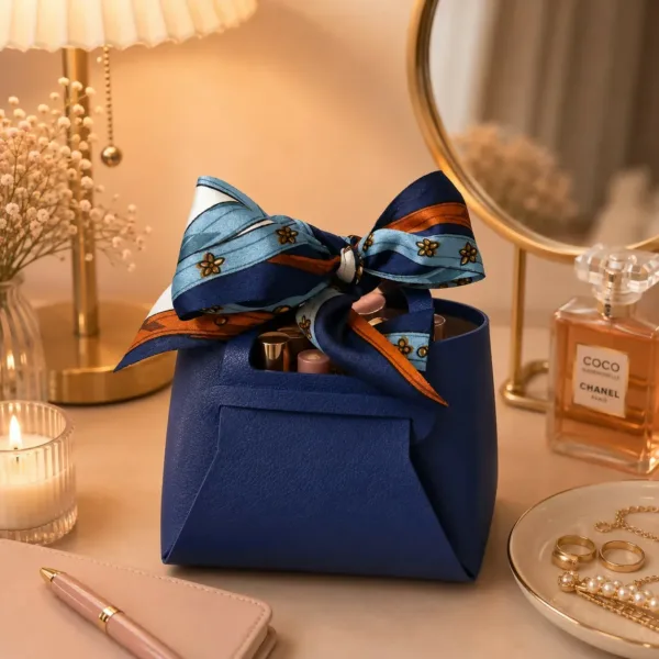 Mini Blue Handbag Organizer with Printed Bow – Stylish & Compact