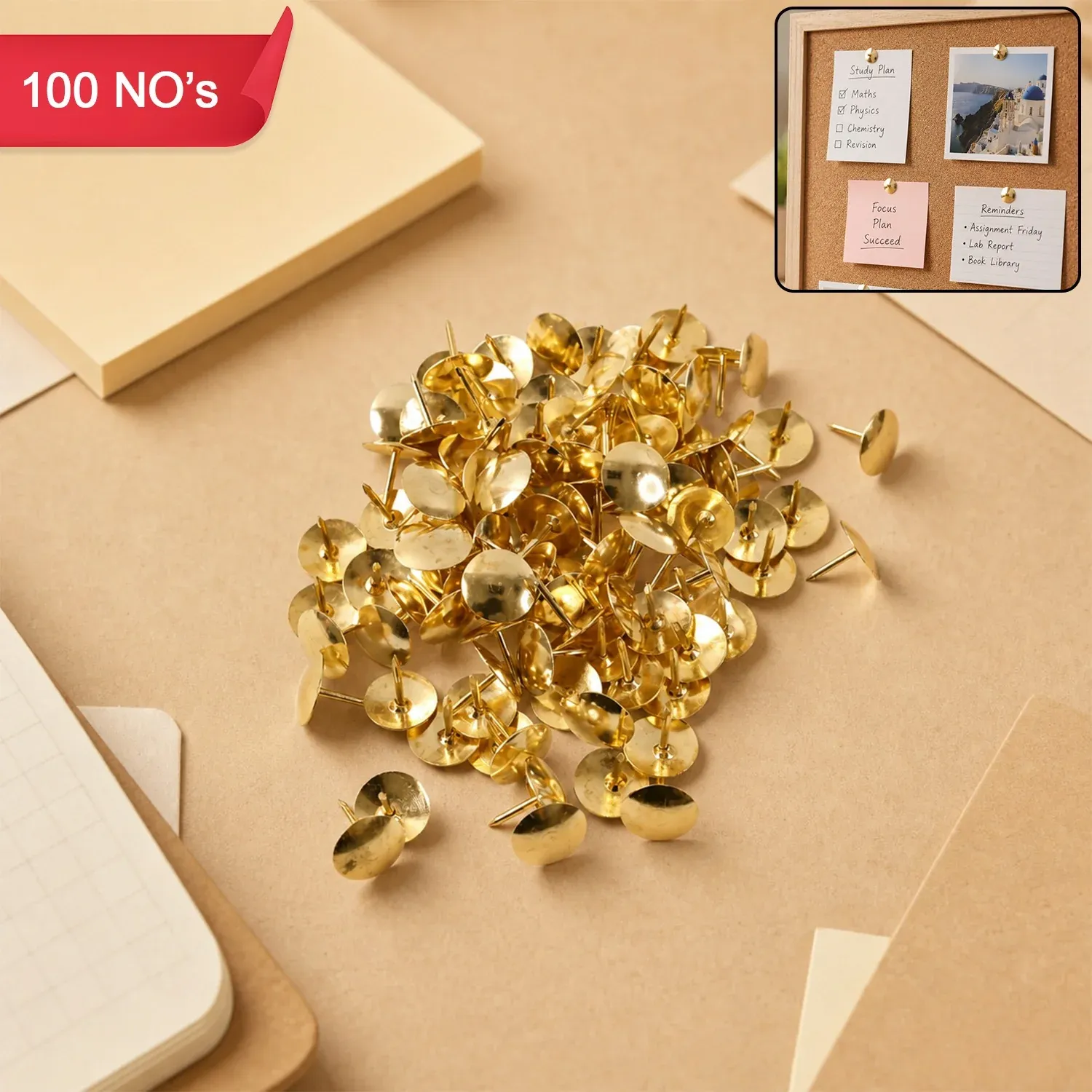 Premium Golden Metal Drawing Pins for Notice Board, Office & School Use 100 No's - Buy Online at Alikart
