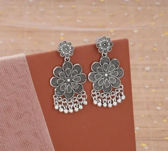 Elegant Oxidised Silver Jhumka Earings With Layered Floral Design