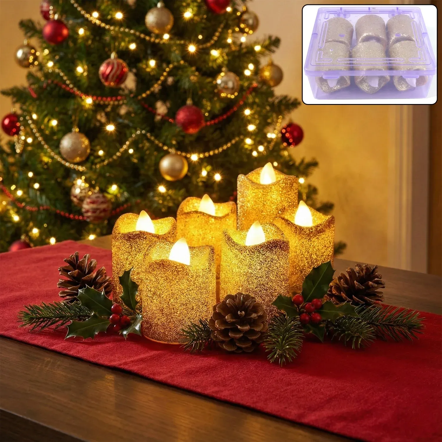 LED Tealight Candles – 6 Pc Flameless Christmas Glitter Set - Detailed Feature View 1