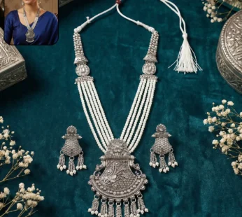 Traditional Silver Necklace Set with Ornate Pendant and Earrings