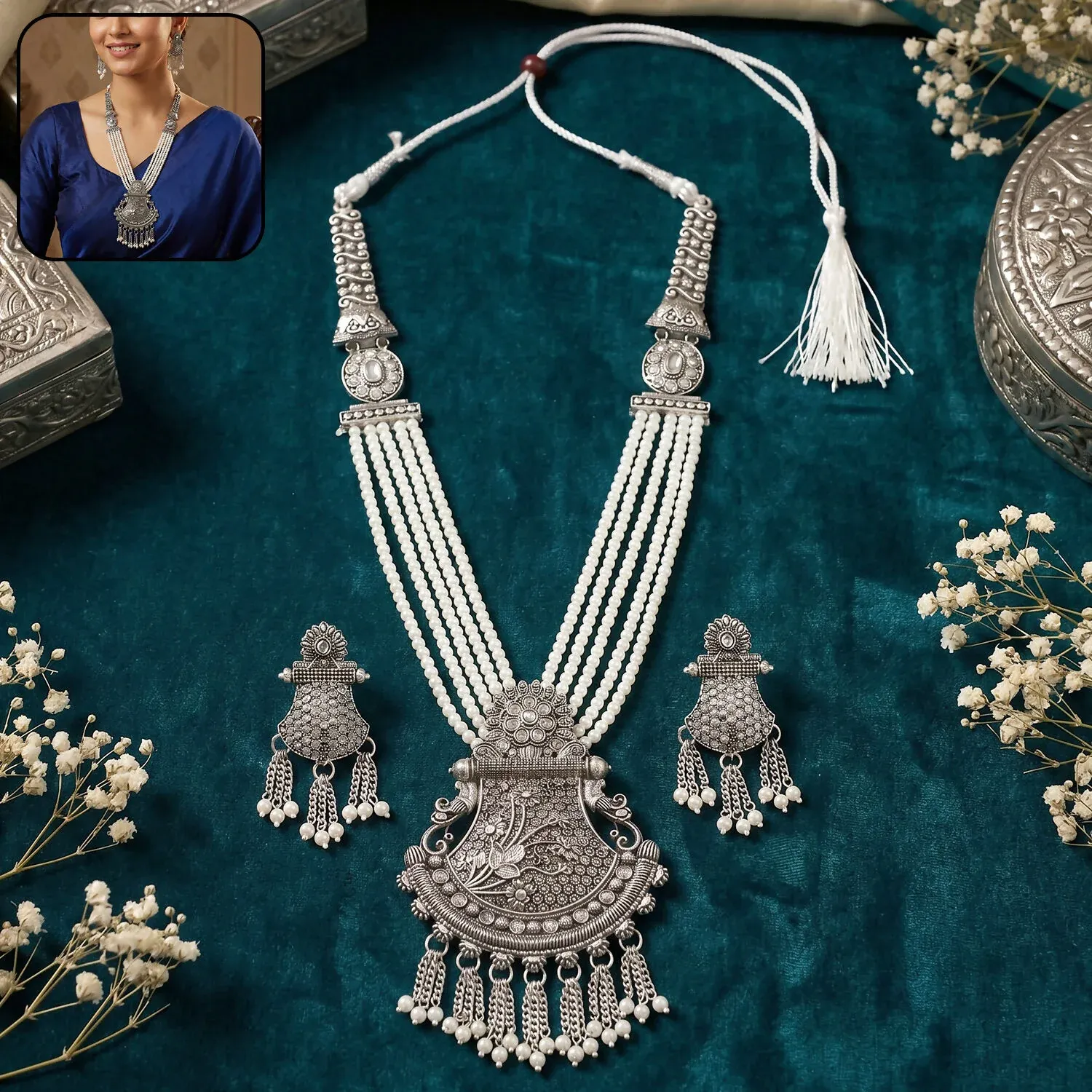 Premium Traditional Silver Necklace Set with Ornate Pendant and Earrings - Buy Online at Alikart