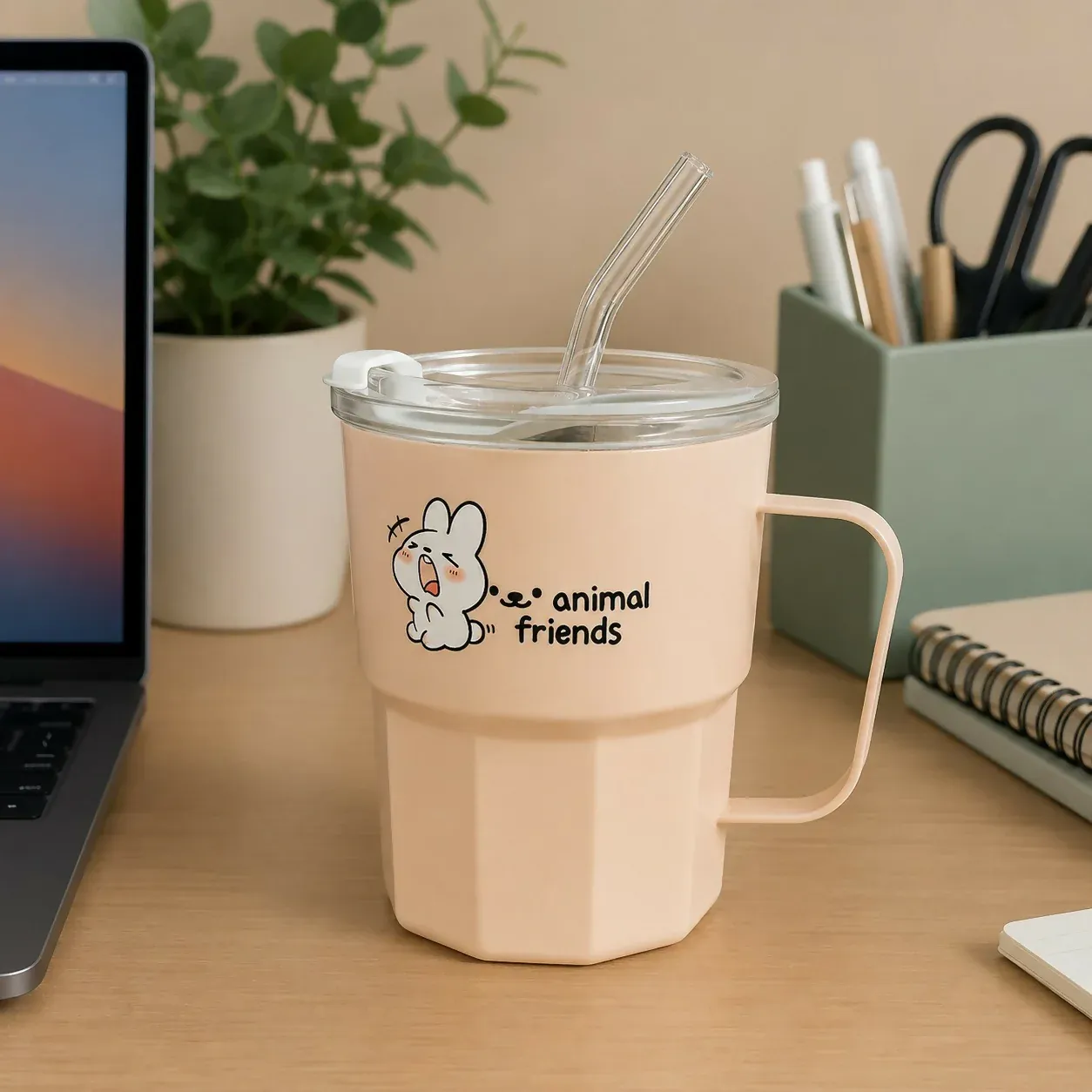 Animal Friends Glass Tumbler – Cute Animal Print with Straw - Detailed Feature View 1