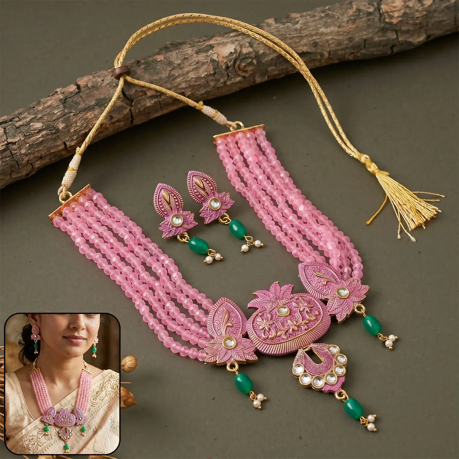 Premium Pink Beaded Ethnic Necklace Set with Earrings - Adjustable Thread - Buy Online at Alikart