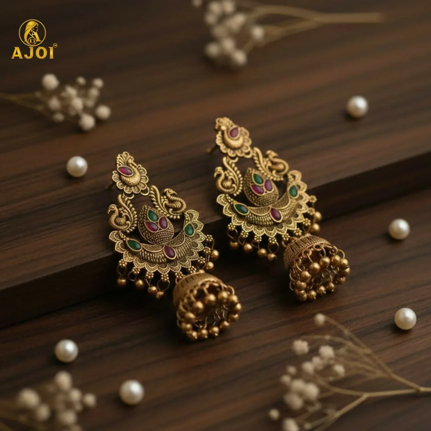 Gold Plated Peacock Jhumka Earrings with Green & Pink Stones - Detailed Feature View 4