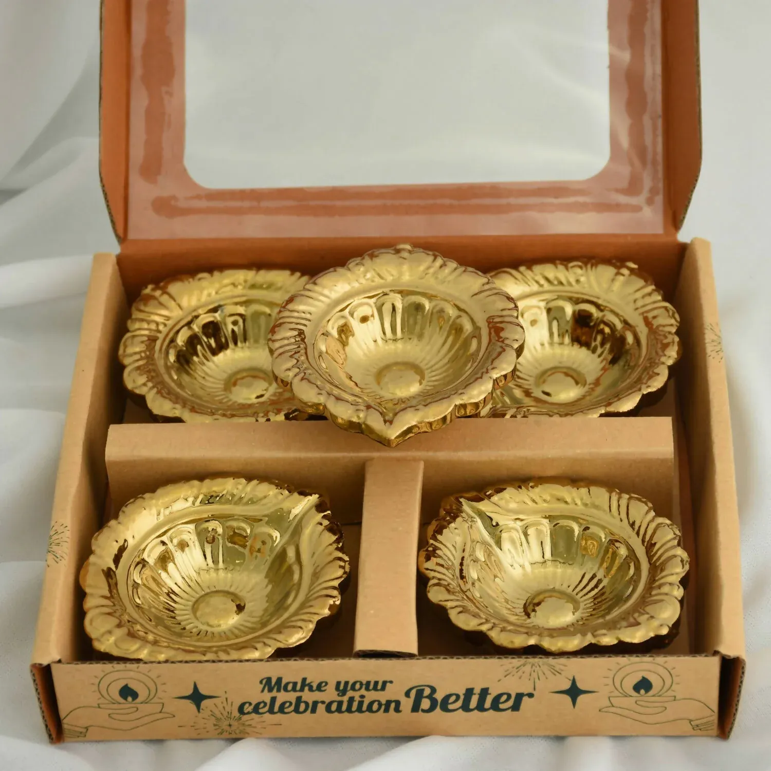 Premium Leaf Design Decorative Ceramic Diya with Gold PVD Plating & Textured Metallic Finish (4 Pc) - Buy Online at Alikart