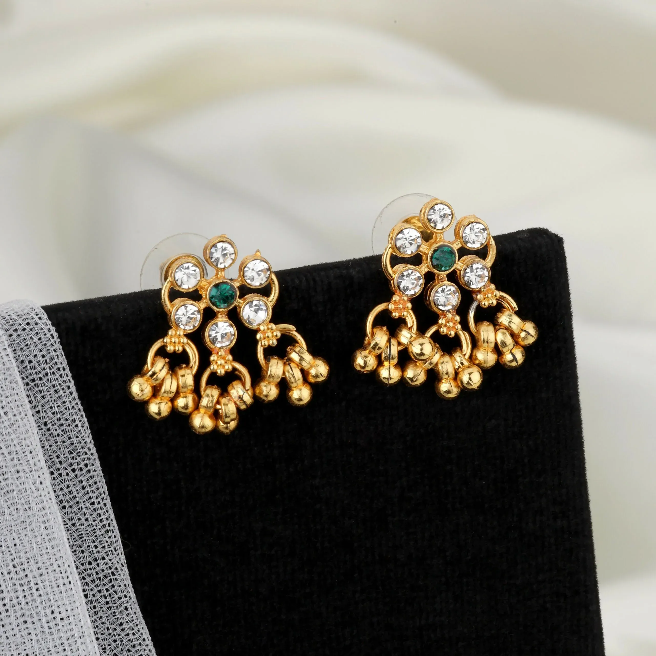 Gold-Plated Green Enamel Lotus Choker Necklace with Pearl Drops - Detailed Feature View 1