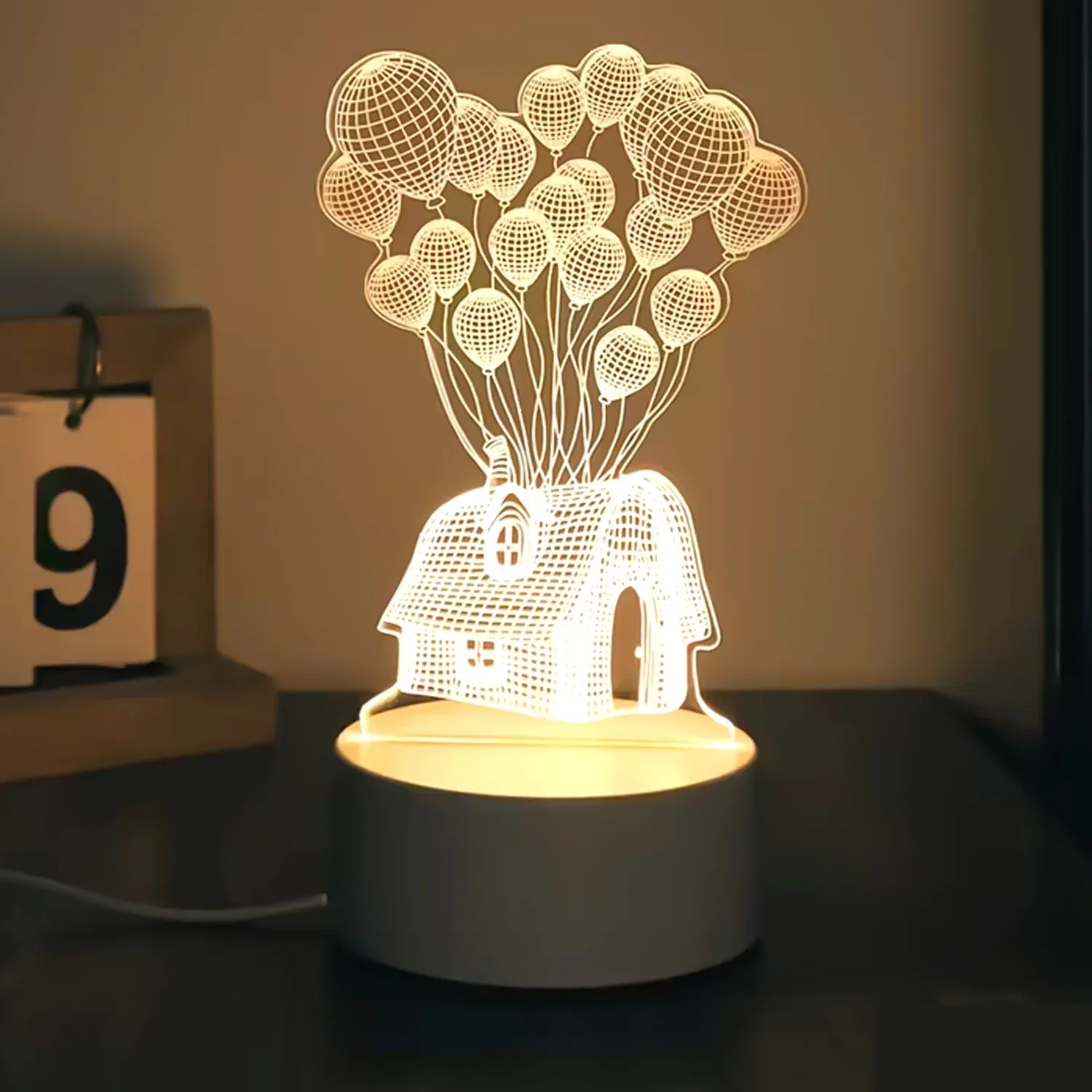 3D Illusion LED Night Lamp with House & Balloons Design - Detailed Feature View 5