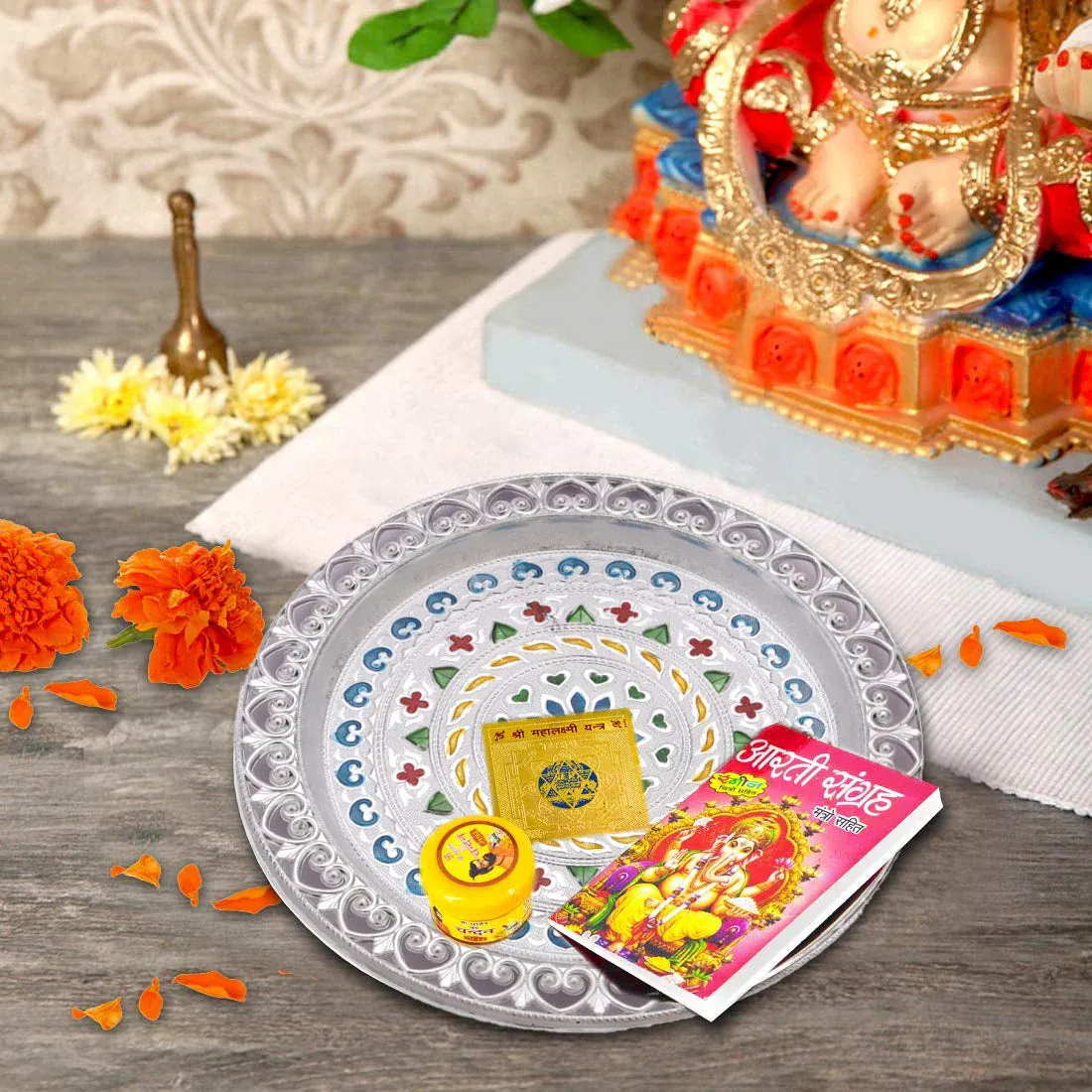 Silver Plated Pooja Thali – Festive & Worship Decor | Indo Glow - Detailed Feature View 2