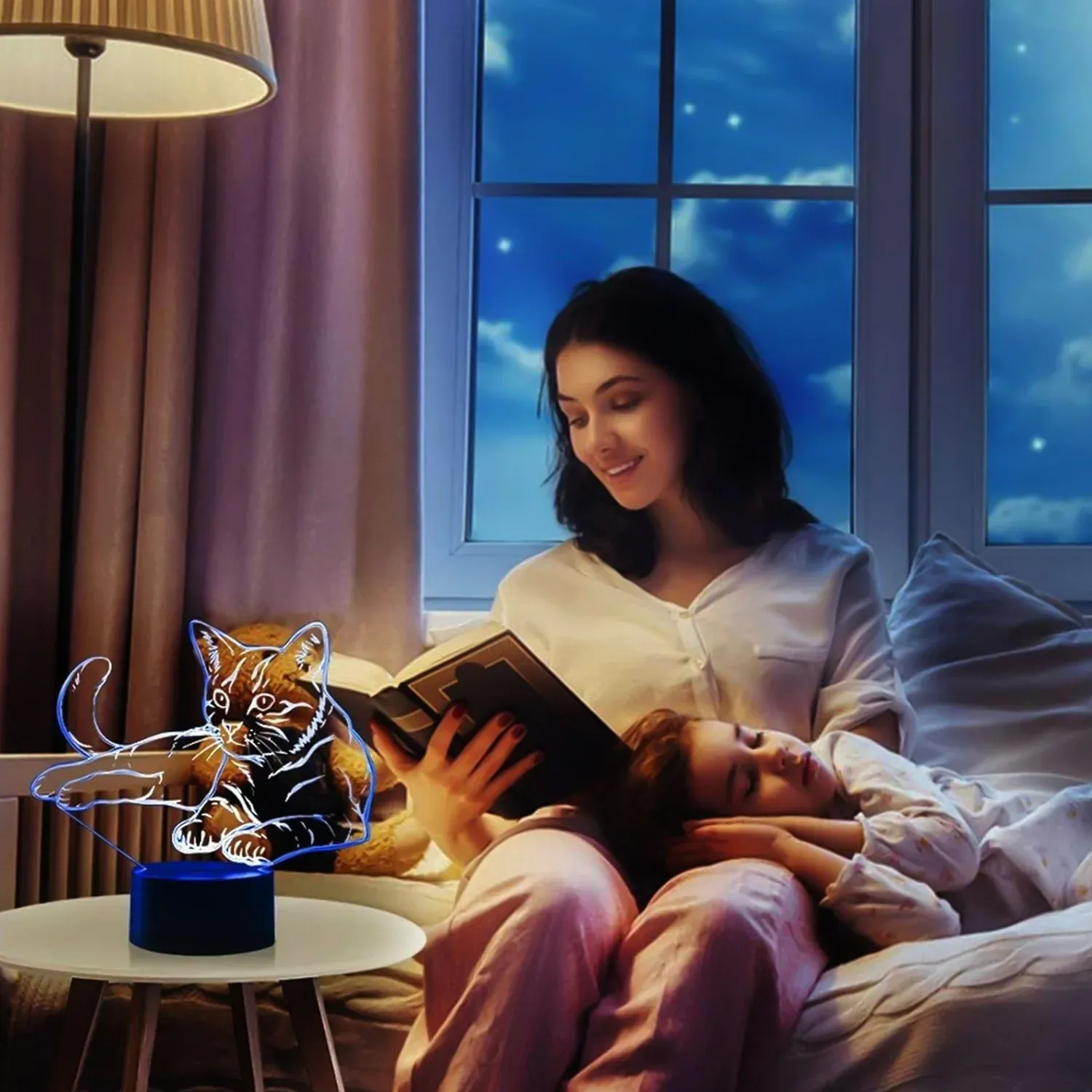 3D Illusion Multicolor Changing LED Night Lamp with Cat Design - Detailed Feature View 2