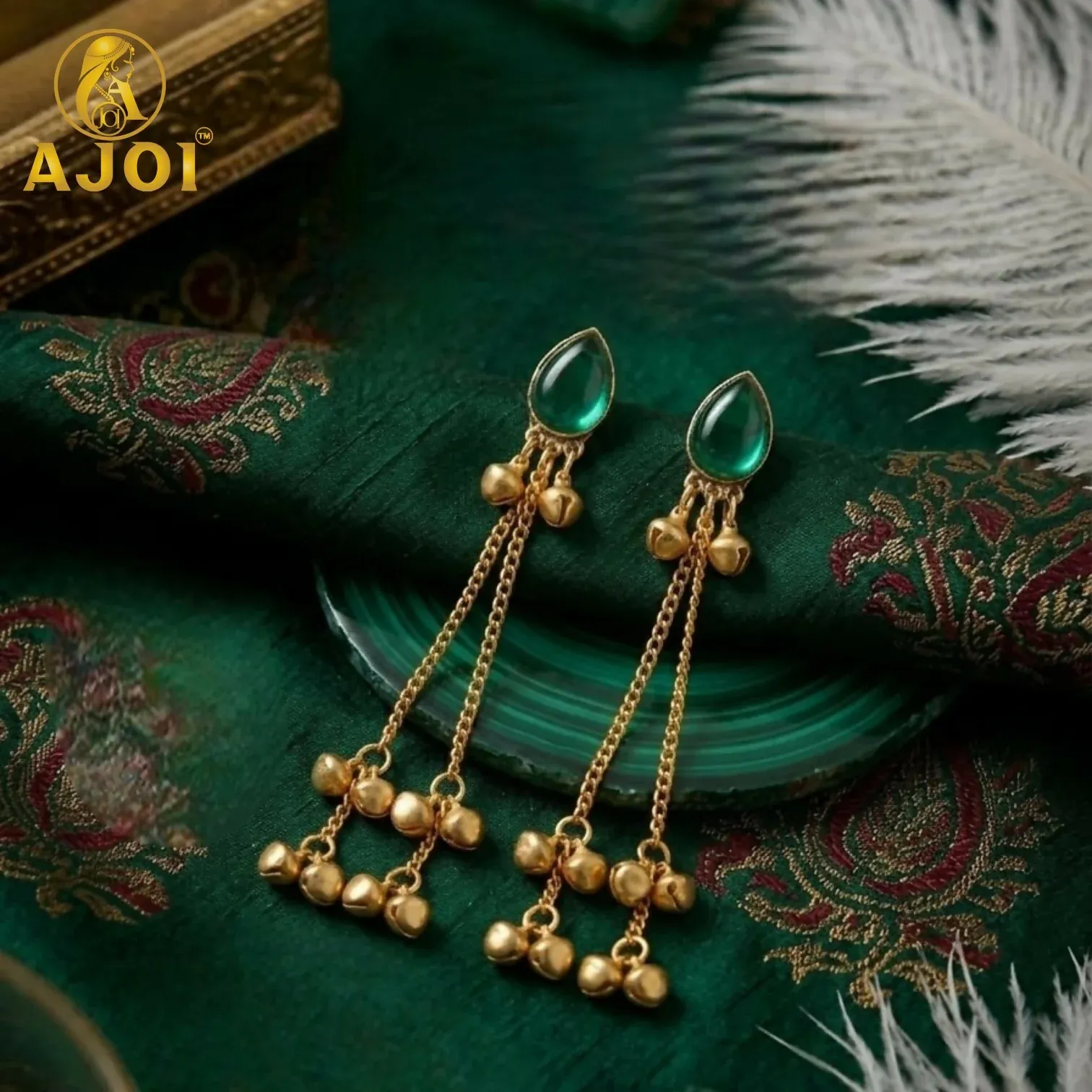 Elegant Green Stone Gold Plated Chain Drop Earrings with Ghungroo Bells - Detailed Feature View 3