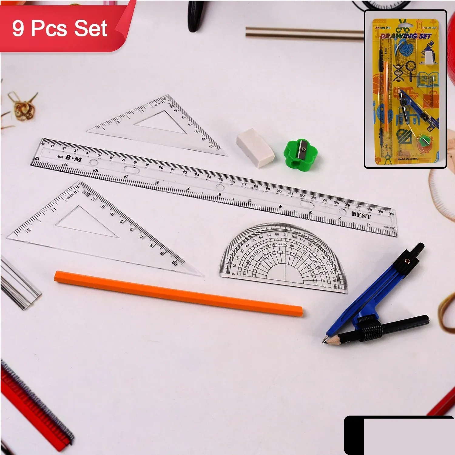 9 in 1 Stationery Set for School Student Office, Draft Rulers - Detailed Feature View 1