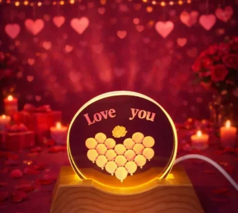 Love You Acrylic LED Lamp with Wooden Base Romantic Heart Gift Light
