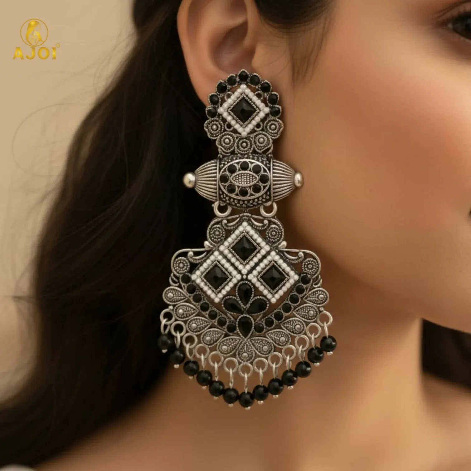 Oxidized Silver Black Stone Chandbali Earrings for Women - Detailed Feature View 1