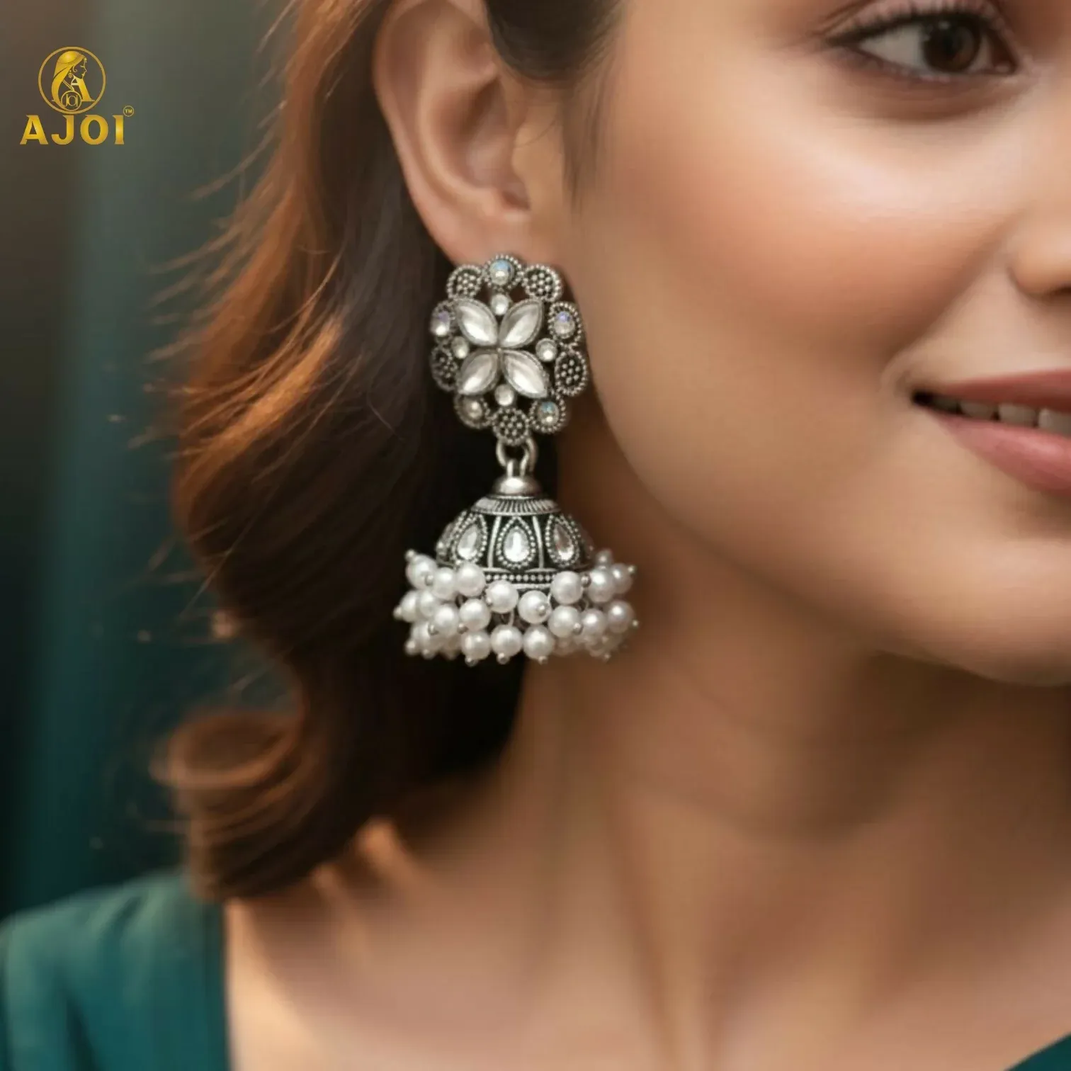 Silver Oxidized Floral Jhumka Earrings with Pearl Drops - Detailed Feature View 1