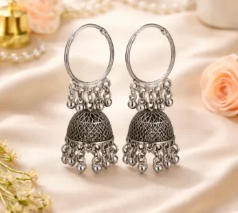 Oxidised Silver Jhumka Hoop Earrings for Women Traditional Ethnic Design