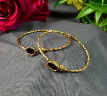 Black Stone Gold Plated Open Bangle Bracelet for Women