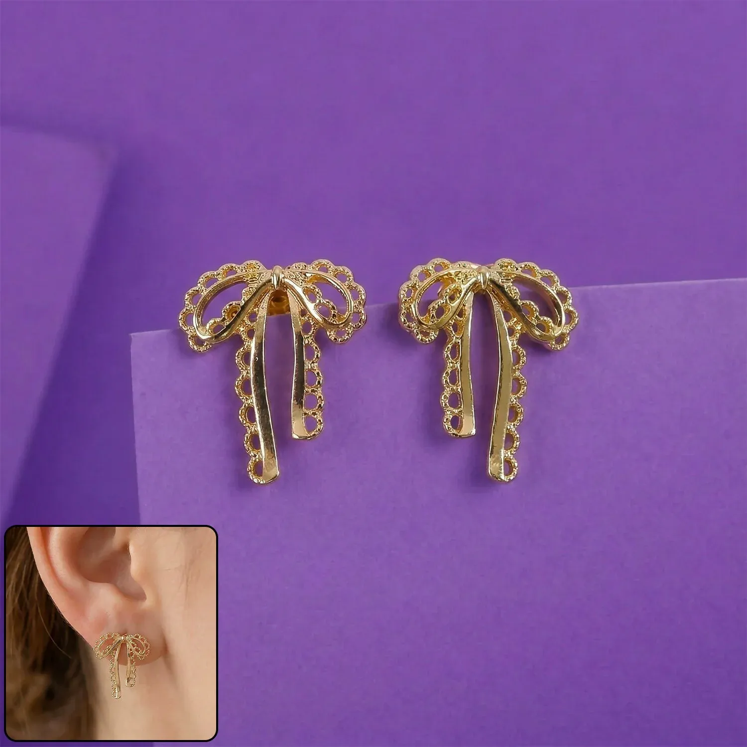 Premium Elegant Gold Bow Drop Earrings – Korean Style Designer Jewellery - Buy Online at Alikart