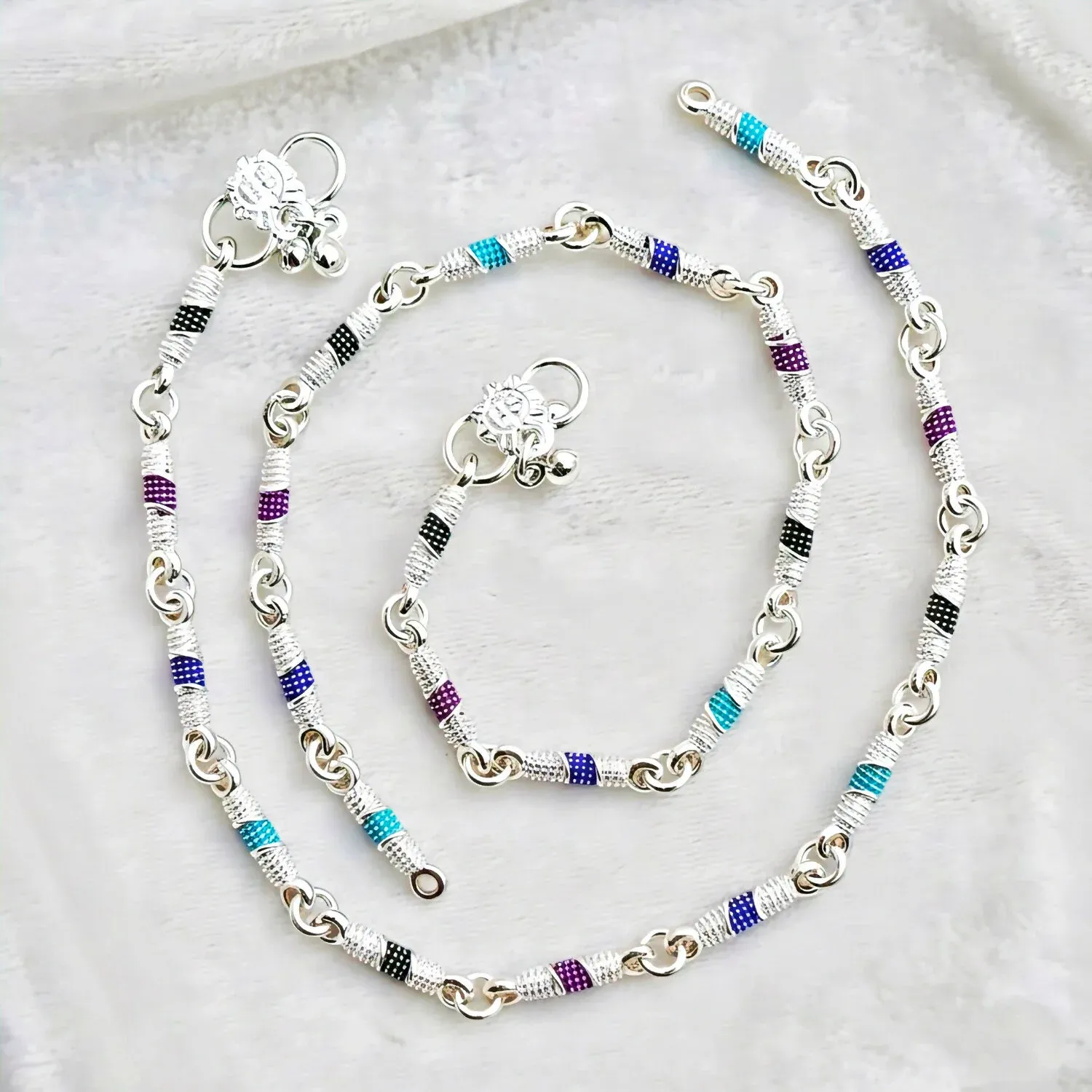 Dainty Silver Chain Anklet with Rainbow Enamel Beads for Women and girls - Detailed Feature View 1