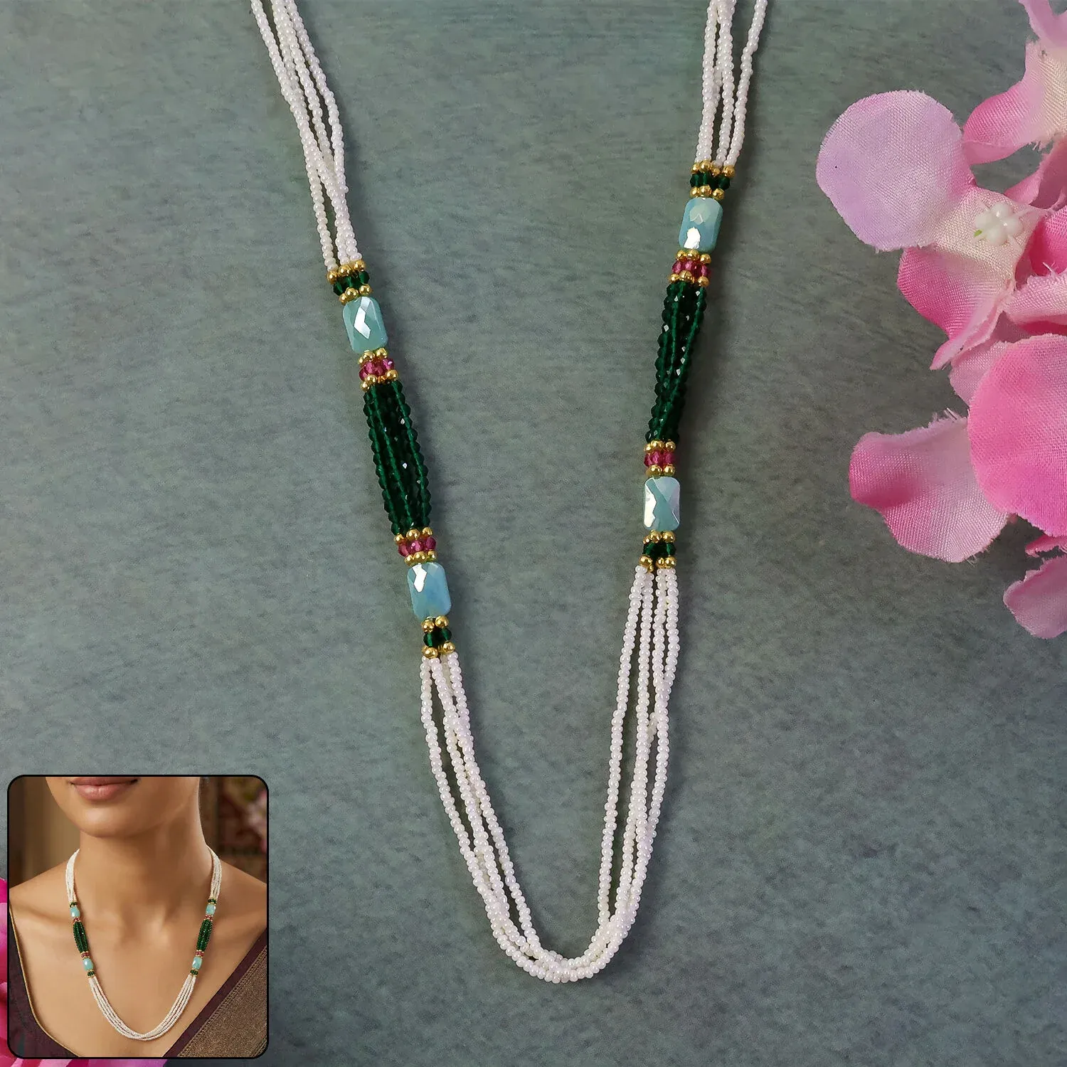 Premium Handmade Layered Pearl Mala Necklace with Green & Aqua Beads - Buy Online at Alikart